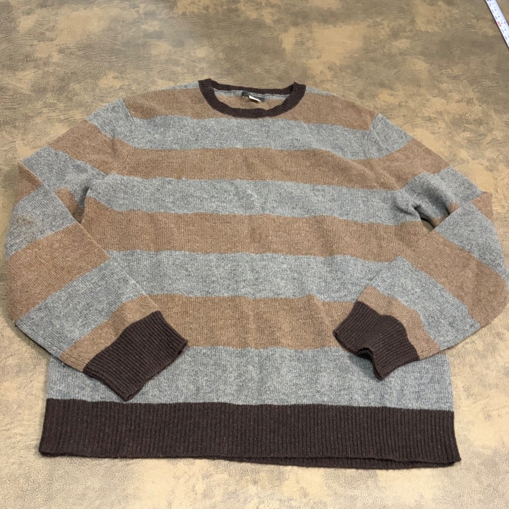 Express Sweater Mens Large Brown Grey Striped 100% Lambswool Crew Neck Knit